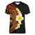 Hawaiian Tropical Plumeria Art Polynesian Tattoo Women V-Neck T-Shirt Black and Autumn Color Theme