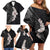 Hawaiian Tropical Plumeria Art Polynesian Tattoo Family Matching Off Shoulder Short Dress and Hawaiian Shirt Grayscale Color