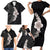 Hawaiian Tropical Plumeria Art Polynesian Tattoo Family Matching Short Sleeve Bodycon Dress and Hawaiian Shirt Grayscale Color