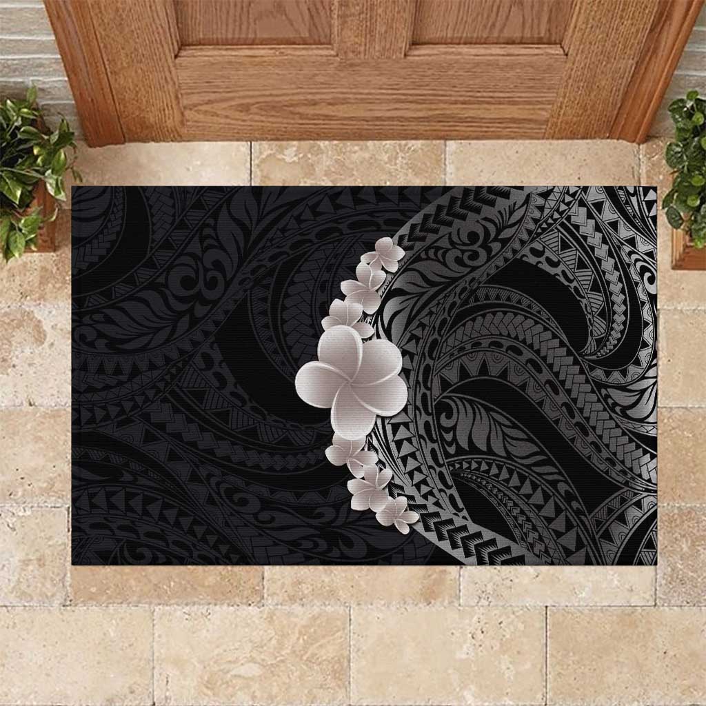 Hawaiian Tropical Plumeria Art Polynesian Tattoo Rubber Doormat Grayscale Color LT03 Black - Polynesian Pride