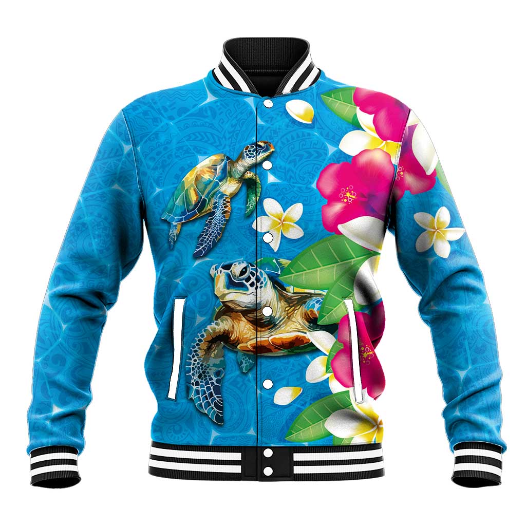 Hawaiian Tropical Flower and Honu Under Blue Water Baseball Jacket LT03 Unisex Blue - Polynesian Pride