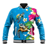 Hawaiian Tropical Flower and Honu Under Blue Water Baseball Jacket LT03 Unisex Blue - Polynesian Pride