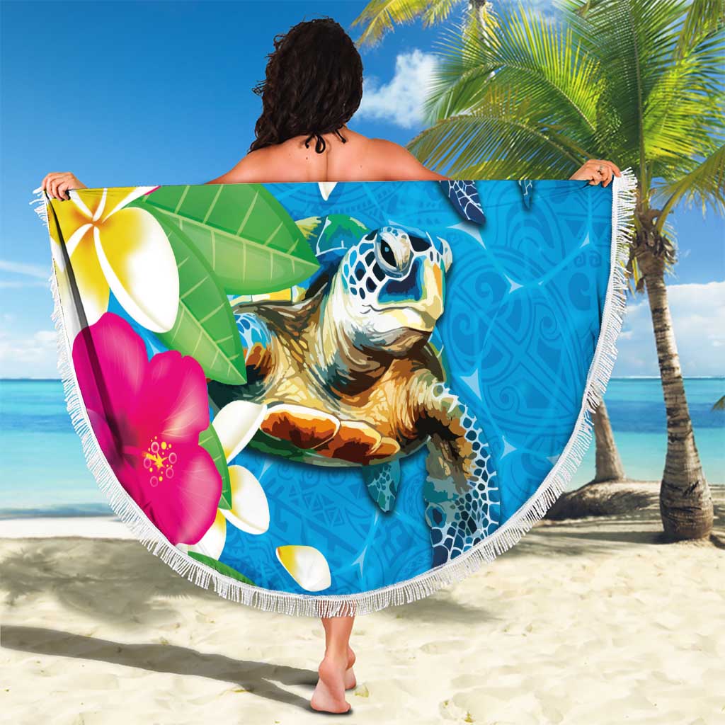Hawaiian Tropical Flower and Honu Under Blue Water Beach Blanket LT03 - Polynesian Pride