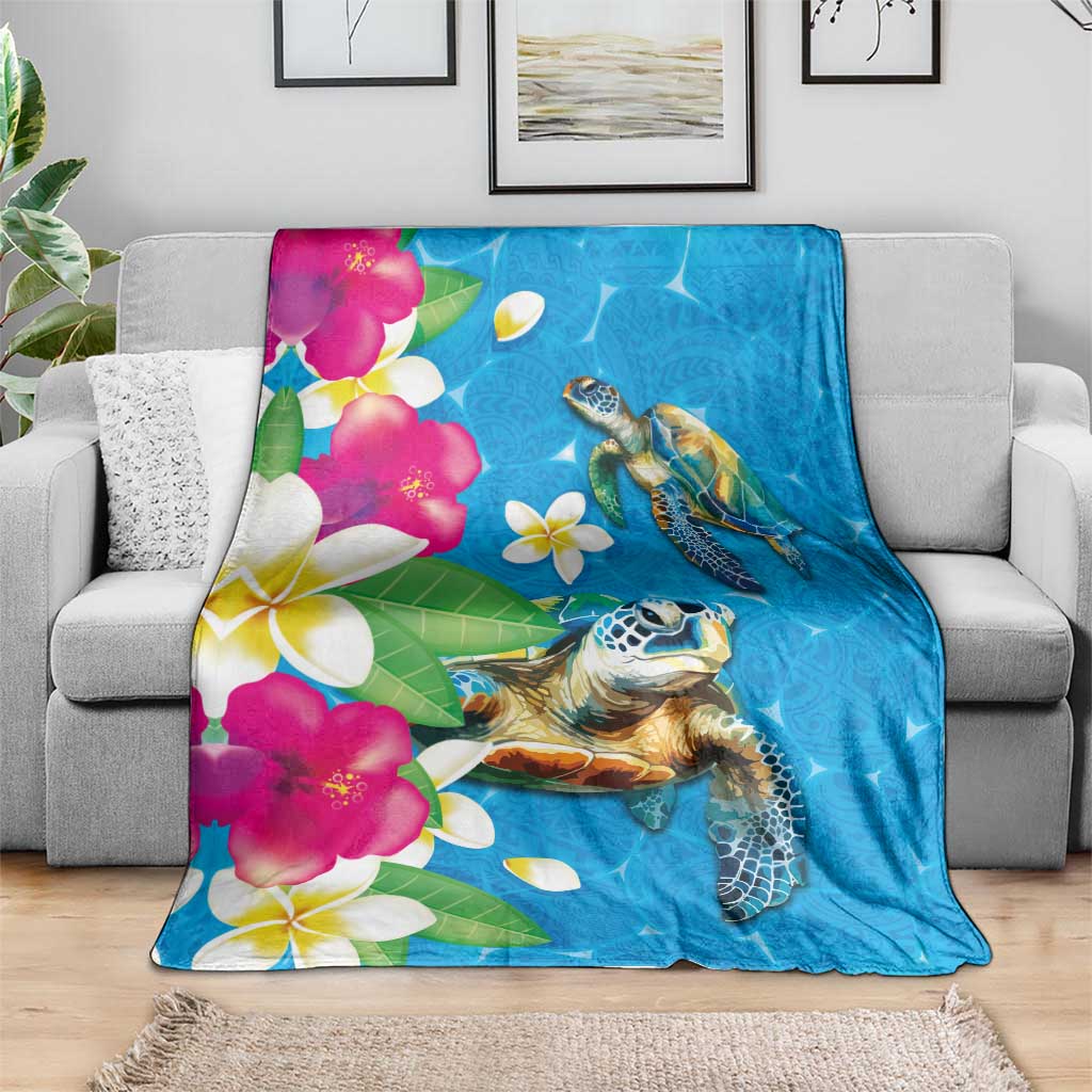 Hawaiian Tropical Flower and Honu Under Blue Water Blanket LT03 - Polynesian Pride
