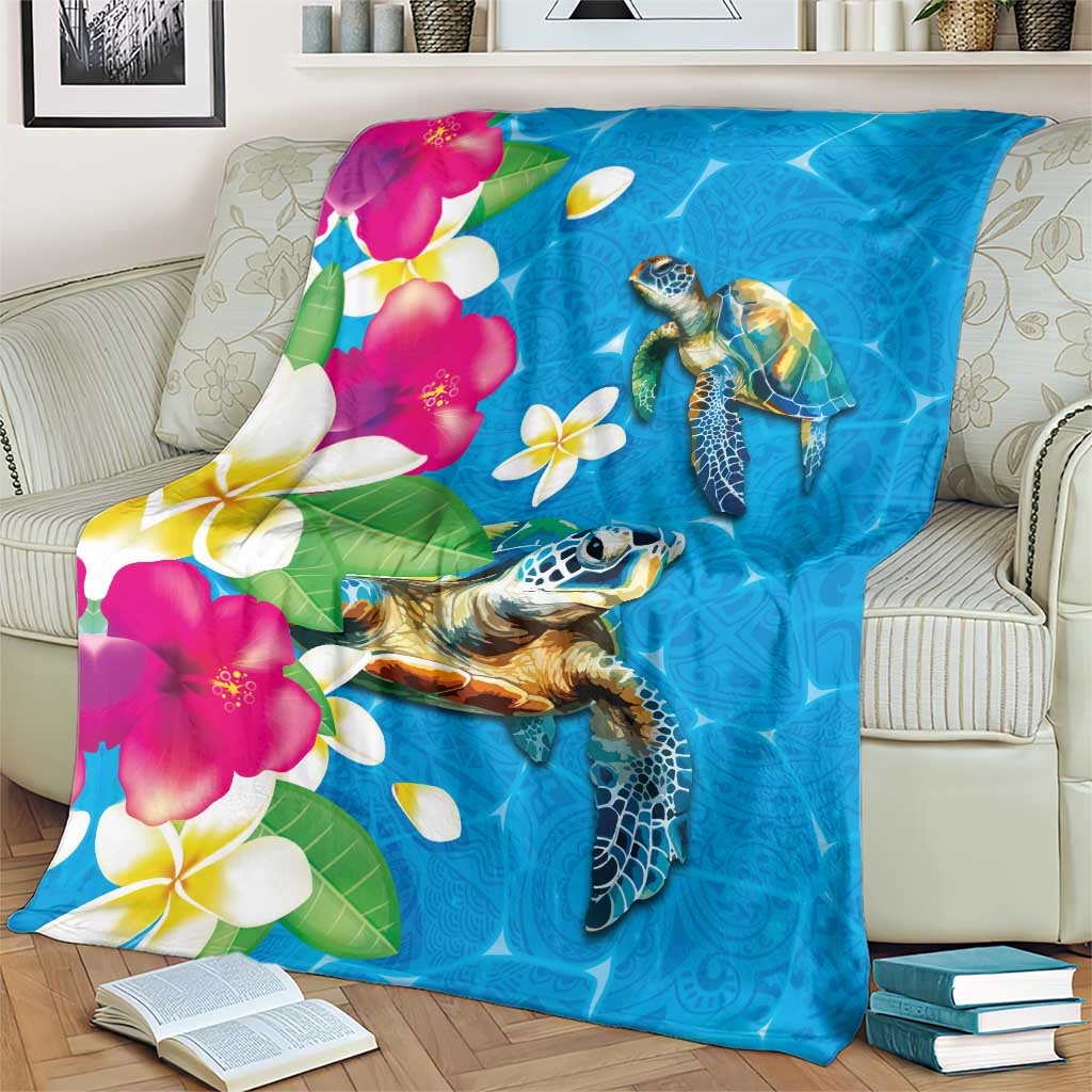 Hawaiian Tropical Flower and Honu Under Blue Water Blanket LT03 - Polynesian Pride