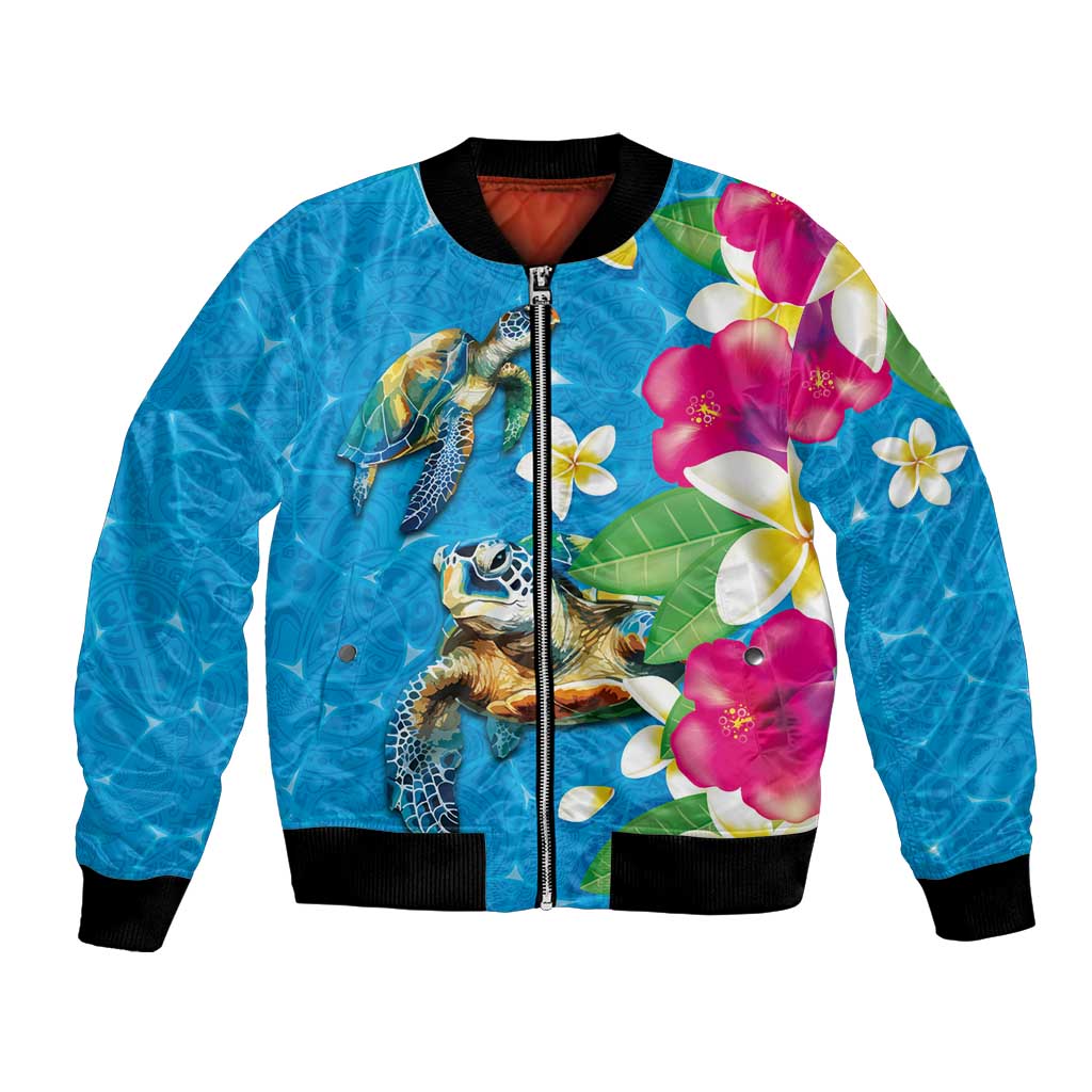 Hawaiian Tropical Flower and Honu Under Blue Water Bomber Jacket LT03 Unisex Blue - Polynesian Pride