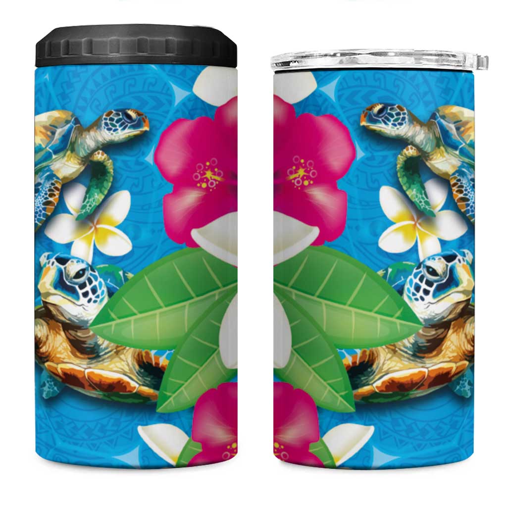 Hawaiian Tropical Flower and Honu Under Blue Water 4 in 1 Can Cooler Tumbler LT03 One Size: 16 oz Blue - Polynesian Pride