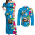 Hawaiian Tropical Flower and Honu Under Blue Water Couples Matching Off Shoulder Maxi Dress and Long Sleeve Button Shirt