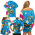 Hawaiian Tropical Flower and Honu Under Blue Water Family Matching Off Shoulder Short Dress and Hawaiian Shirt