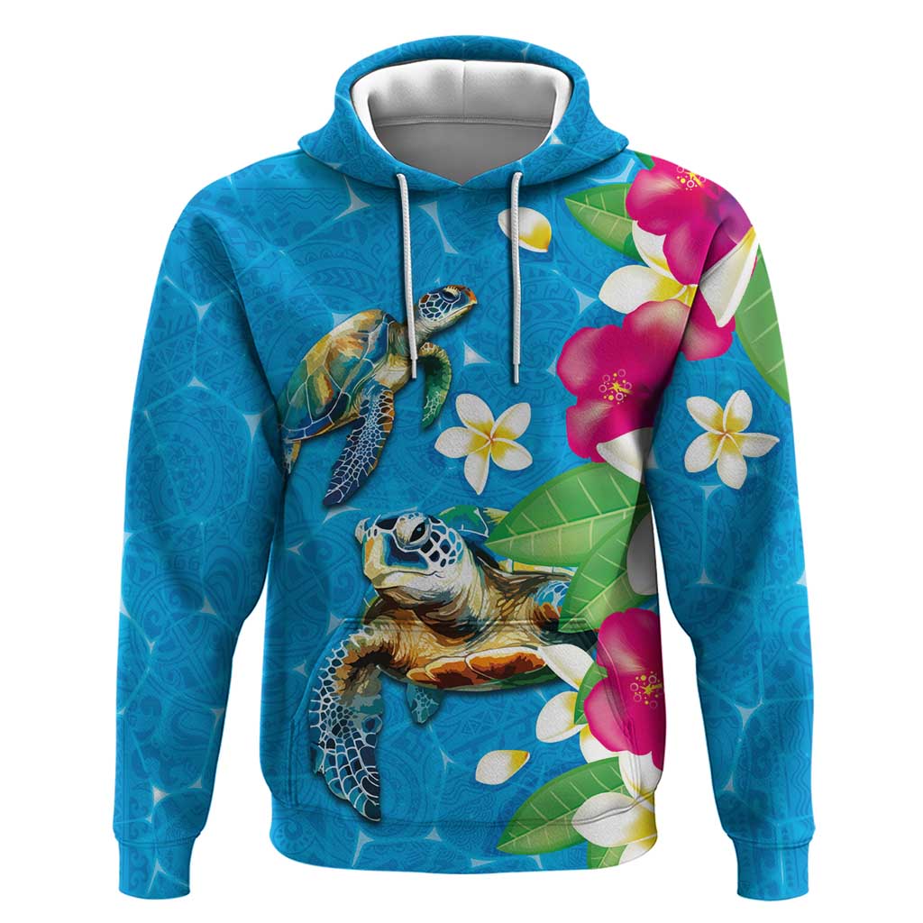 Hawaiian Tropical Flower and Honu Under Blue Water Hoodie