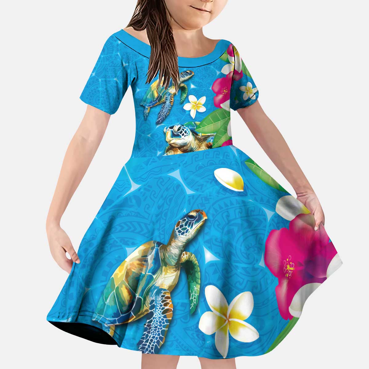 Hawaiian Tropical Flower and Honu Under Blue Water Kid Short Sleeve Dress LT03 KID Blue - Polynesian Pride