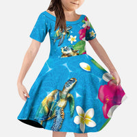 Hawaiian Tropical Flower and Honu Under Blue Water Kid Short Sleeve Dress LT03 KID Blue - Polynesian Pride