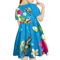 Hawaiian Tropical Flower and Honu Under Blue Water Kid Short Sleeve Dress LT03 - Polynesian Pride