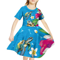 Hawaiian Tropical Flower and Honu Under Blue Water Kid Short Sleeve Dress LT03 - Polynesian Pride
