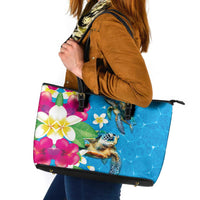 Hawaiian Tropical Flower and Honu Under Blue Water Leather Tote Bag LT03 Blue - Polynesian Pride