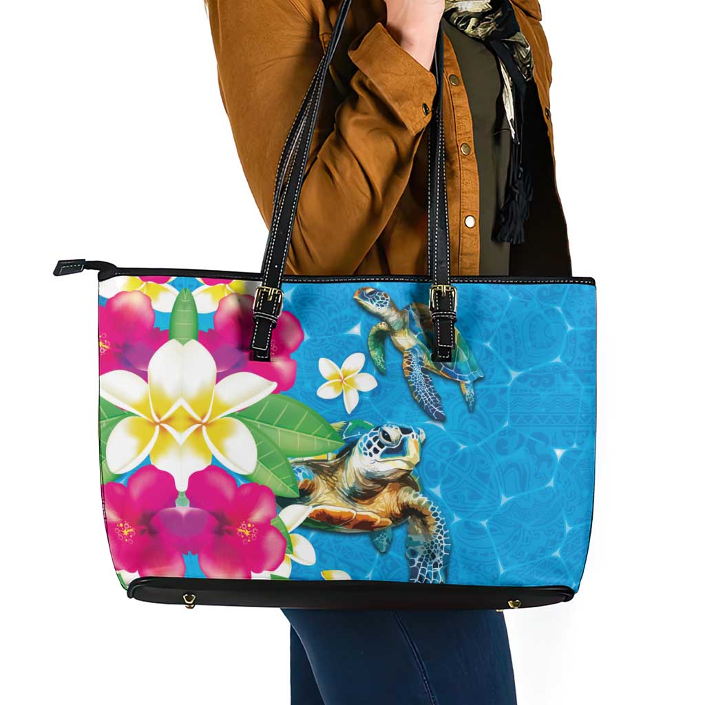 Hawaiian Tropical Flower and Honu Under Blue Water Leather Tote Bag LT03 - Polynesian Pride