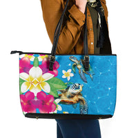 Hawaiian Tropical Flower and Honu Under Blue Water Leather Tote Bag LT03 - Polynesian Pride