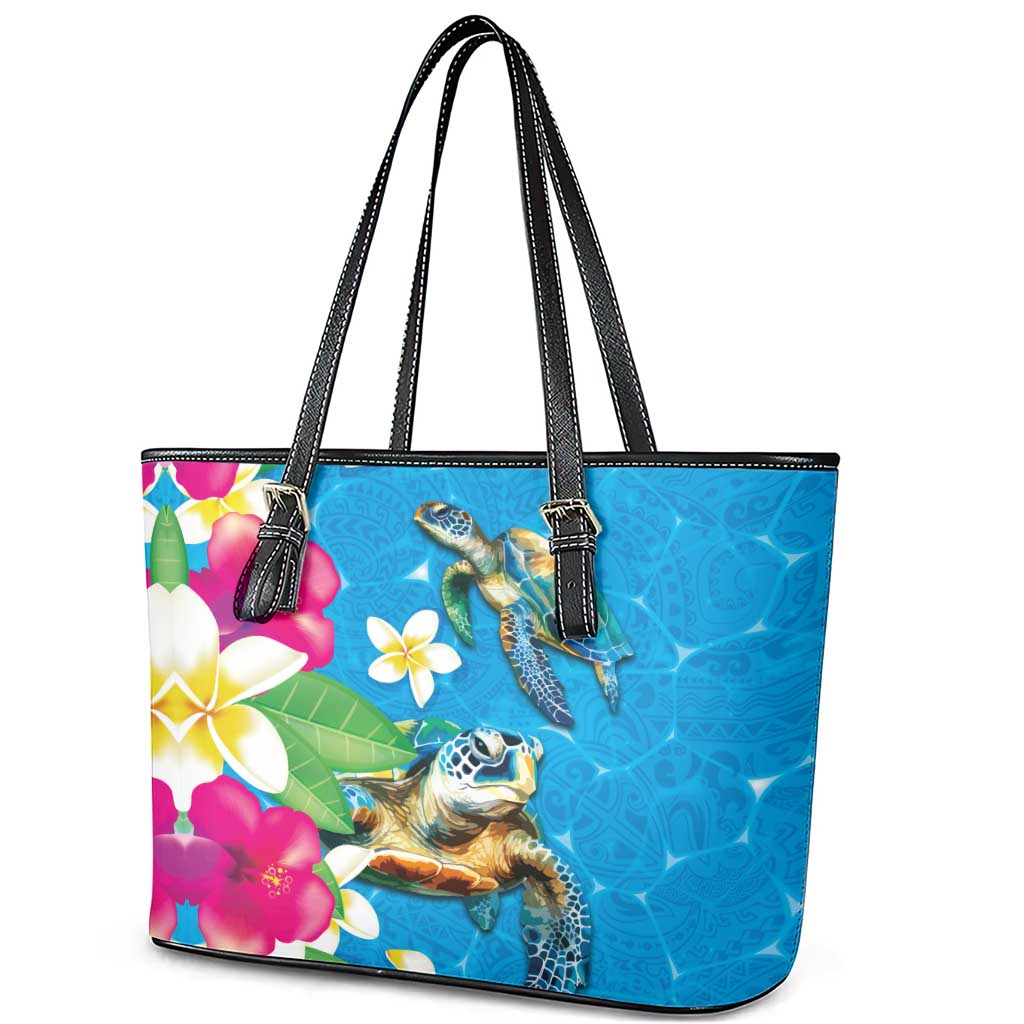 Hawaiian Tropical Flower and Honu Under Blue Water Leather Tote Bag LT03 - Polynesian Pride