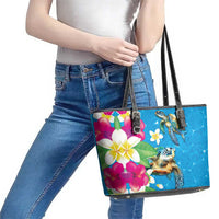 Hawaiian Tropical Flower and Honu Under Blue Water Leather Tote Bag LT03 - Polynesian Pride