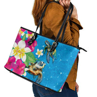 Hawaiian Tropical Flower and Honu Under Blue Water Leather Tote Bag LT03 - Polynesian Pride