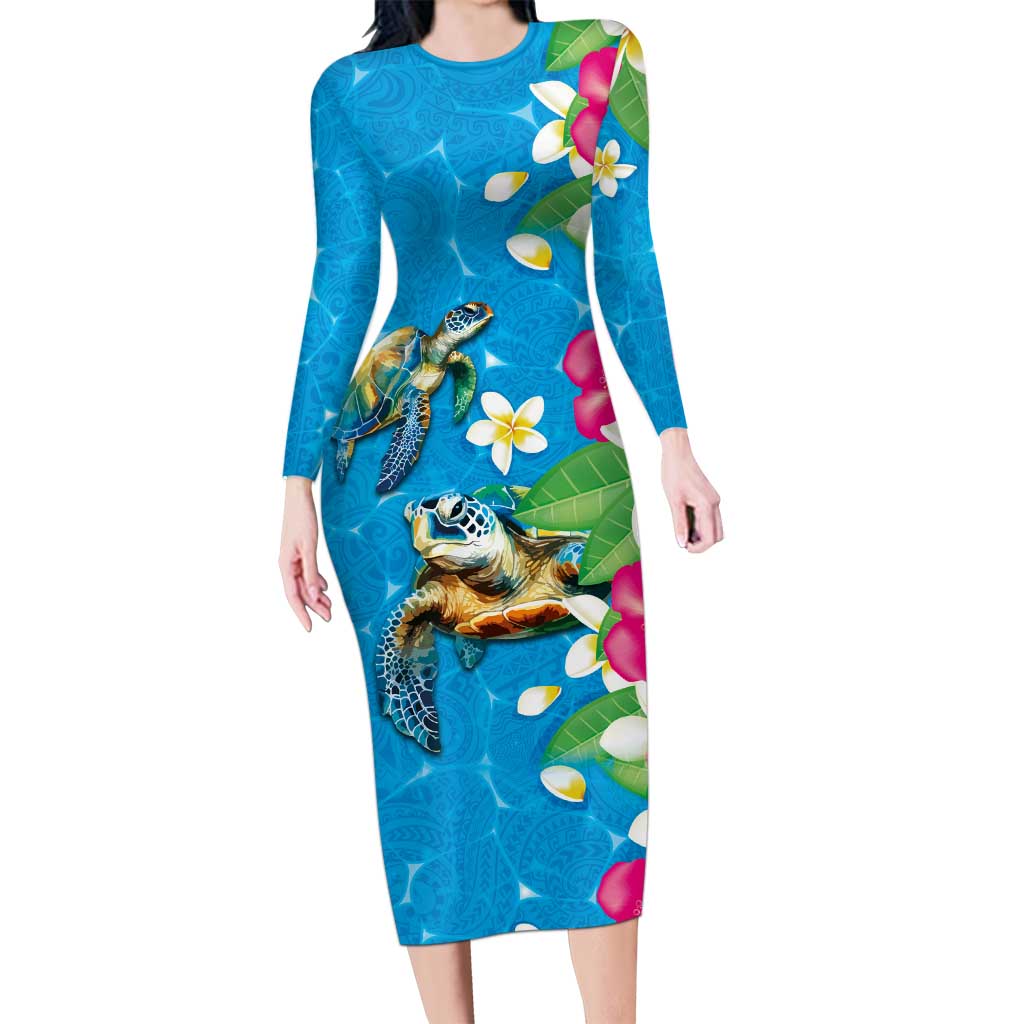 Hawaiian Tropical Flower and Honu Under Blue Water Long Sleeve Bodycon Dress LT03 Long Dress Blue - Polynesian Pride