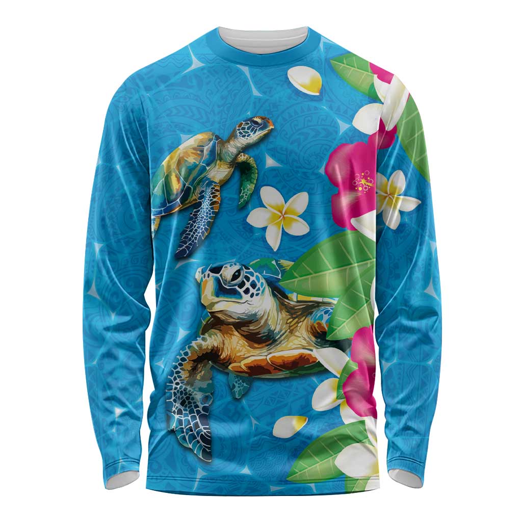 Hawaiian Tropical Flower and Honu Under Blue Water Long Sleeve Shirt LT03 Unisex Blue - Polynesian Pride