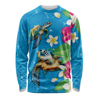 Hawaiian Tropical Flower and Honu Under Blue Water Long Sleeve Shirt LT03 Unisex Blue - Polynesian Pride