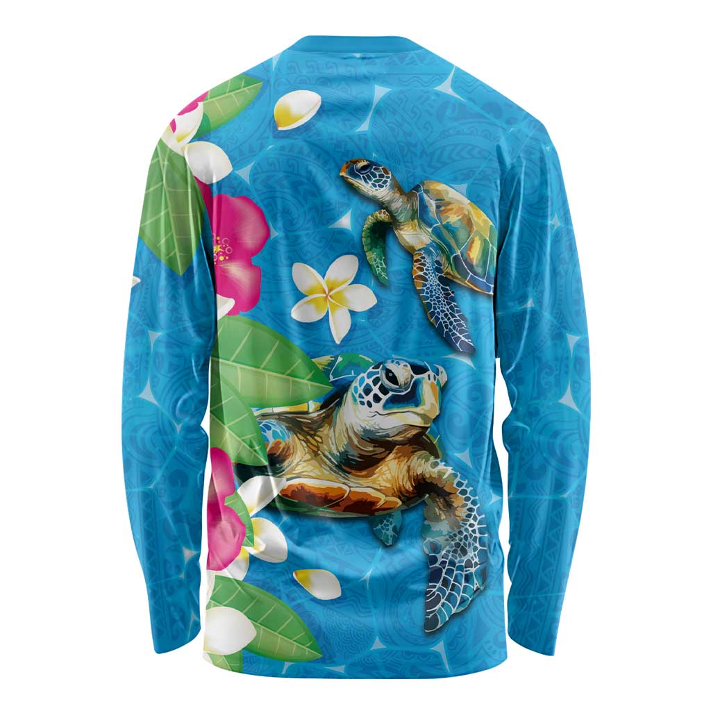 Hawaiian Tropical Flower and Honu Under Blue Water Long Sleeve Shirt LT03 - Polynesian Pride