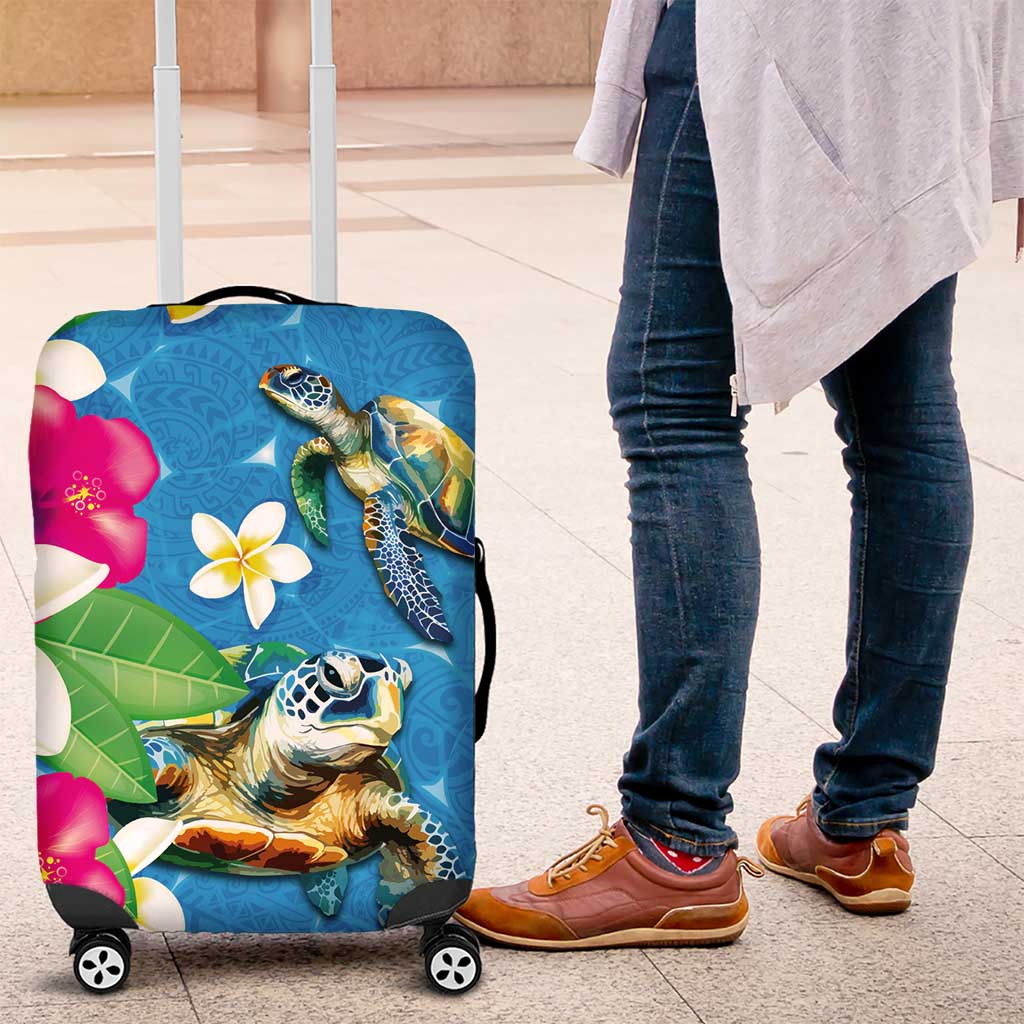 Hawaiian Tropical Flower and Honu Under Blue Water Luggage Cover LT03 Blue - Polynesian Pride