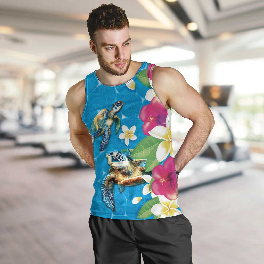 Hawaiian Tropical Flower and Honu Under Blue Water Men Tank Top LT03 Blue - Polynesian Pride