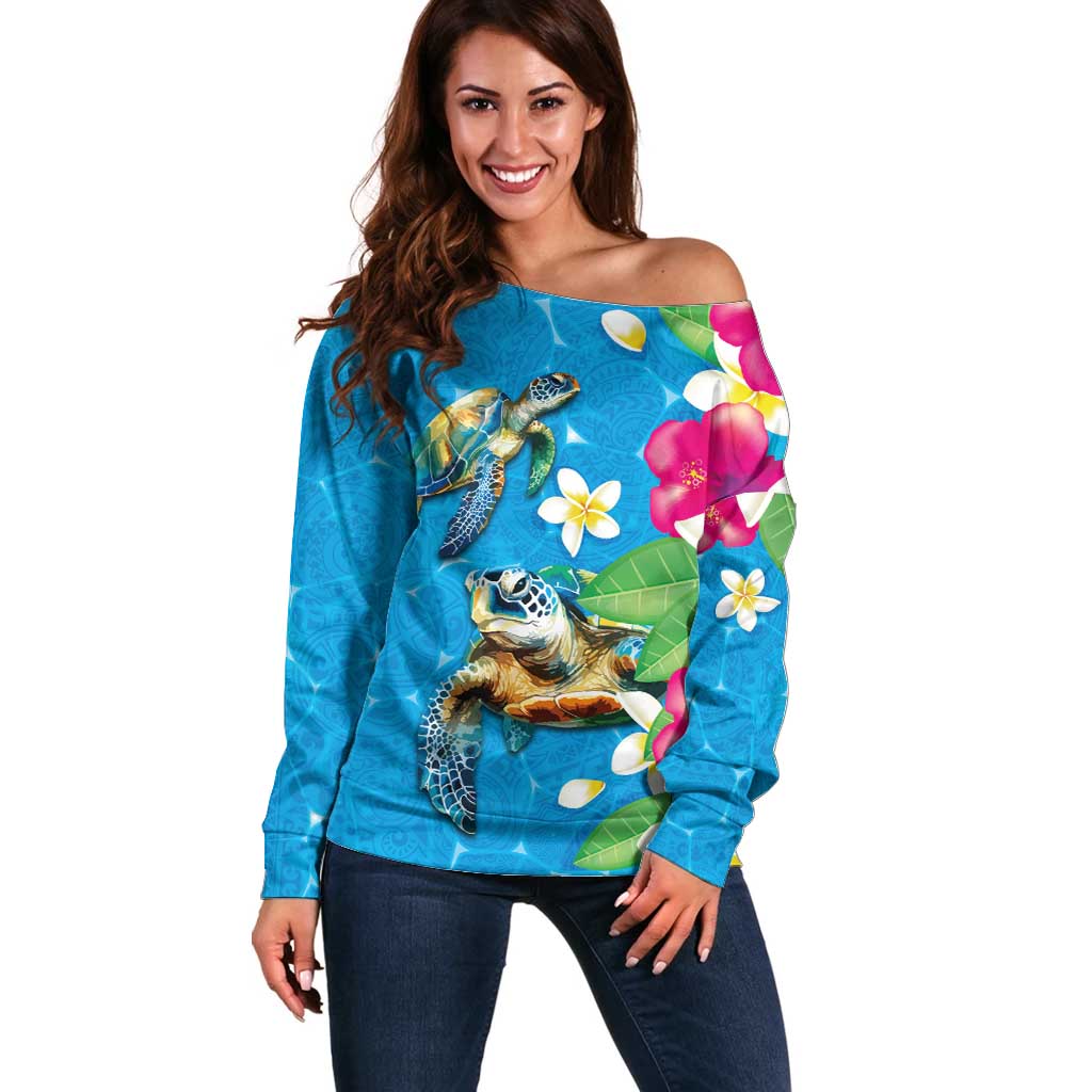 Hawaiian Tropical Flower and Honu Under Blue Water Off Shoulder Sweater LT03 Women Blue - Polynesian Pride