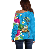 Hawaiian Tropical Flower and Honu Under Blue Water Off Shoulder Sweater LT03 - Polynesian Pride