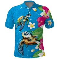 Hawaiian Tropical Flower and Honu Under Blue Water Polo Shirt - LT03 Blue - Polynesian Pride