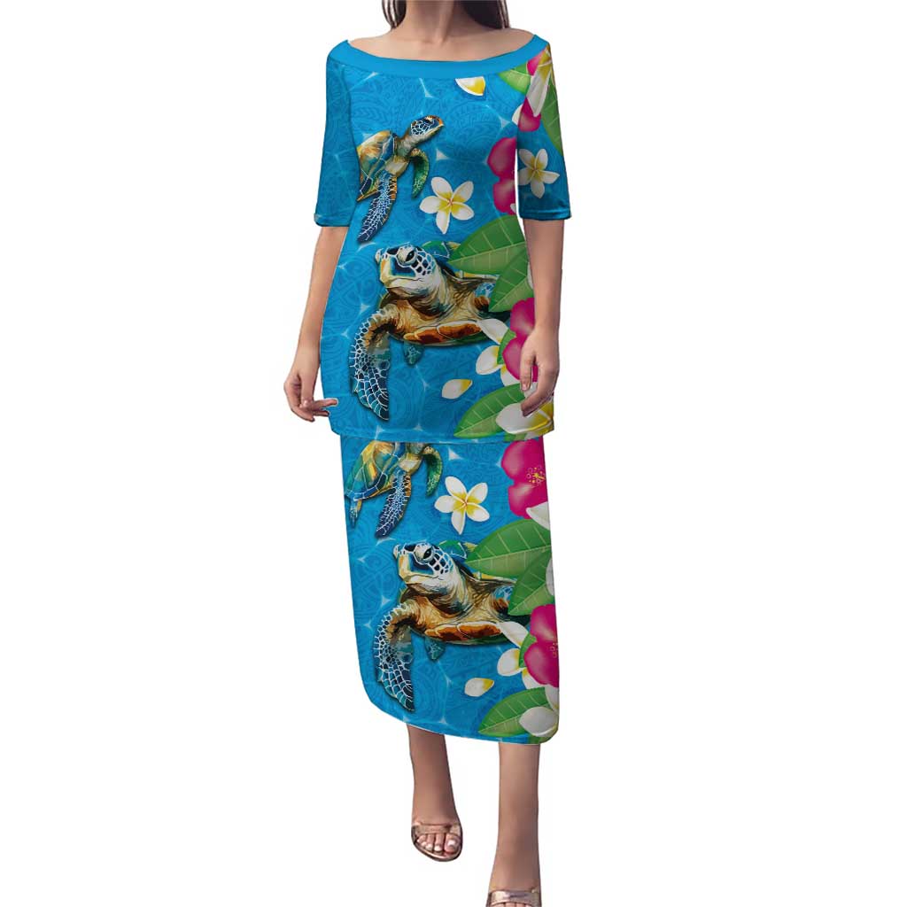 Hawaiian Tropical Flower and Honu Under Blue Water Puletasi LT03 Long Dress Blue - Polynesian Pride