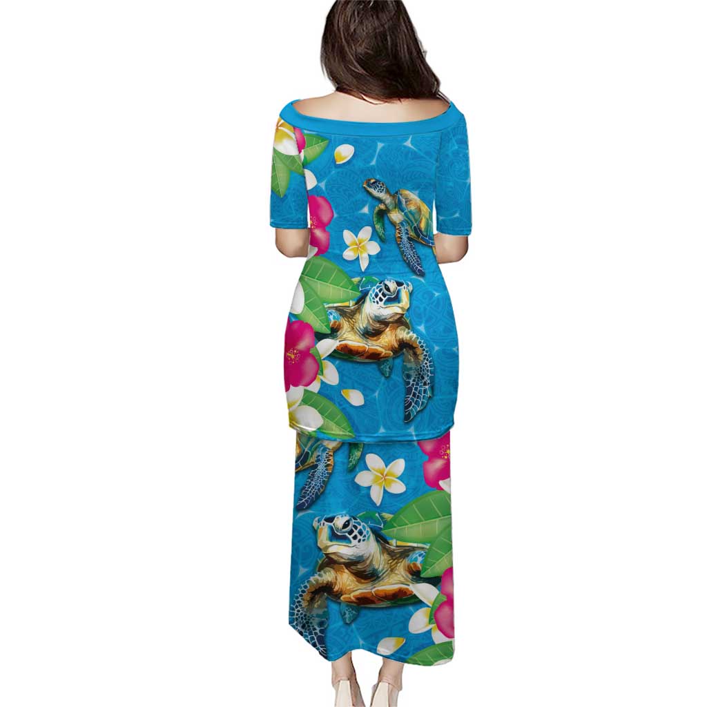 Hawaiian Tropical Flower and Honu Under Blue Water Puletasi LT03 - Polynesian Pride