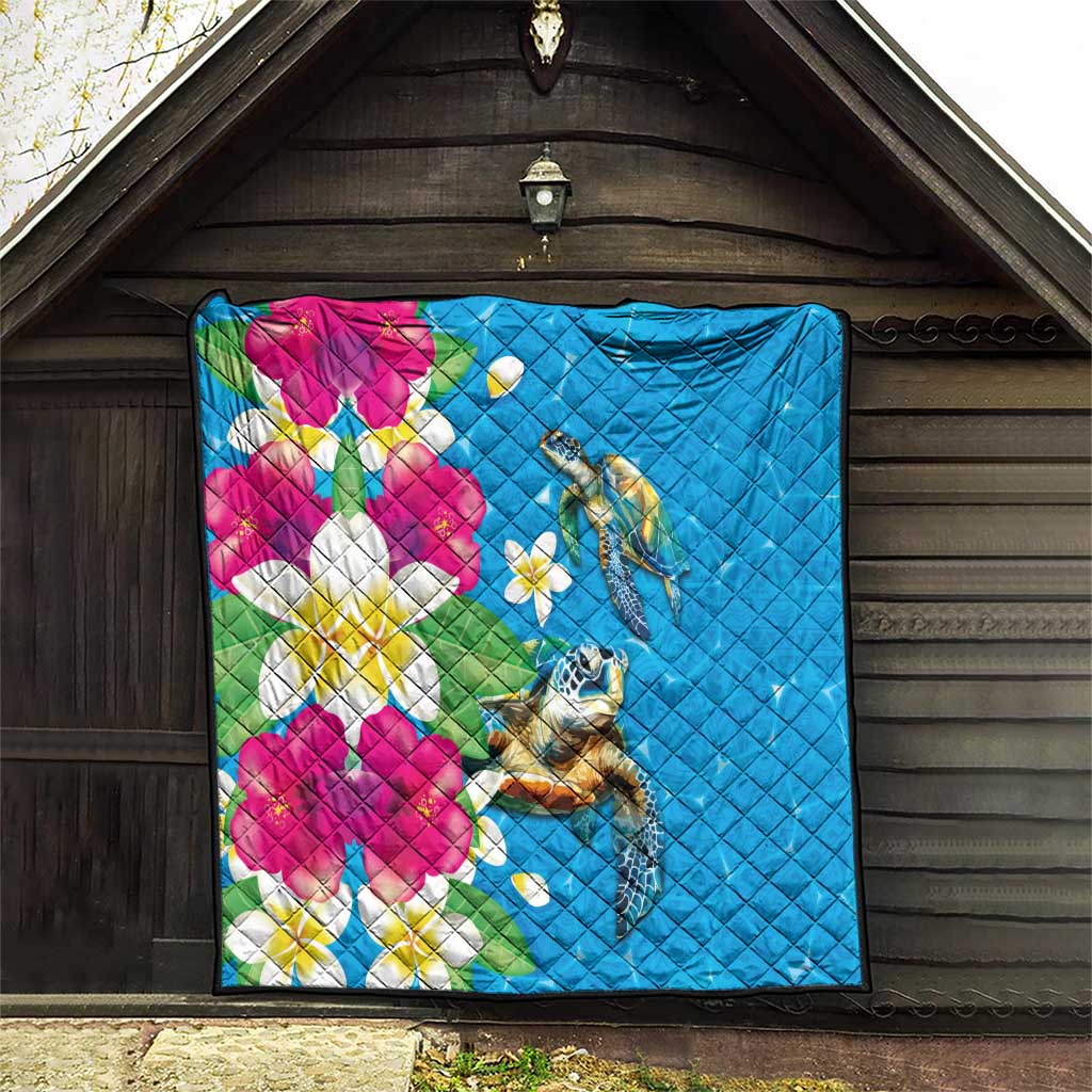 Hawaiian Tropical Flower and Honu Under Blue Water Quilt LT03 - Polynesian Pride