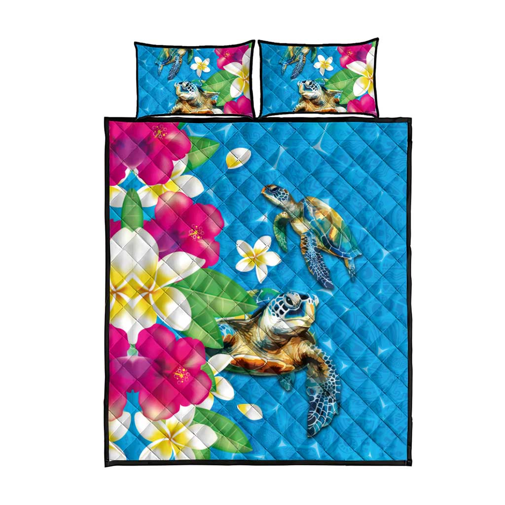 Hawaiian Tropical Flower and Honu Under Blue Water Quilt Bed Set LT03 - Polynesian Pride