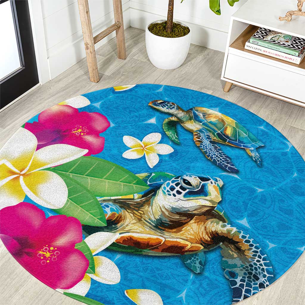 Hawaiian Tropical Flower and Honu Under Blue Water Round Carpet LT03 Blue - Polynesian Pride