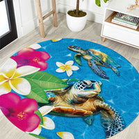 Hawaiian Tropical Flower and Honu Under Blue Water Round Carpet LT03 Blue - Polynesian Pride