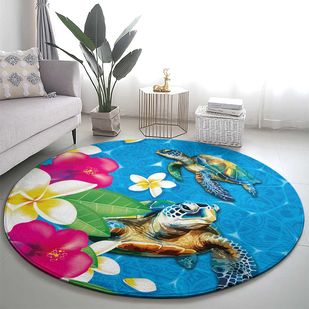 Hawaiian Tropical Flower and Honu Under Blue Water Round Carpet LT03 - Polynesian Pride