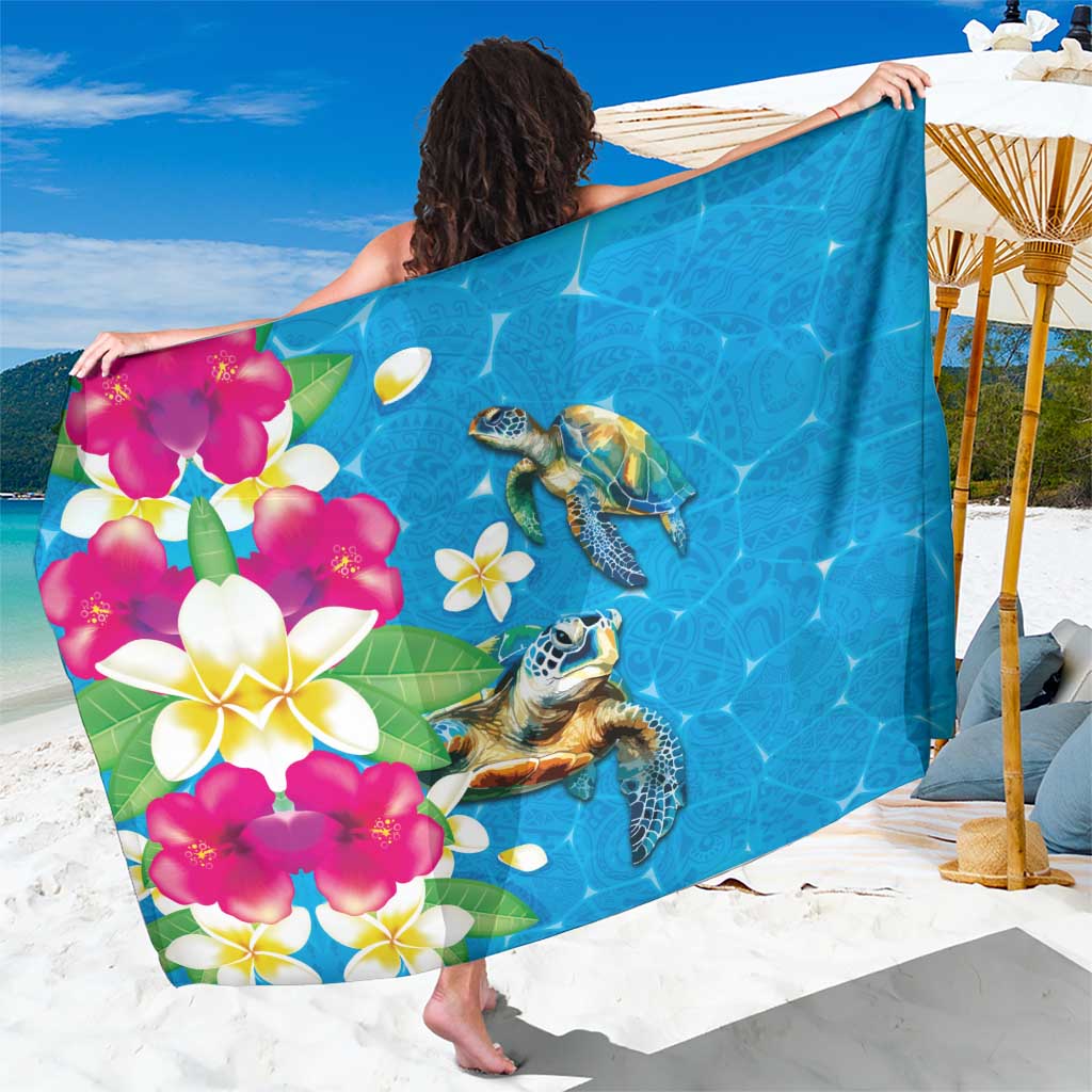 Hawaiian Tropical Flower and Honu Under Blue Water Sarong LT03 One Size 44 x 66 inches Blue - Polynesian Pride