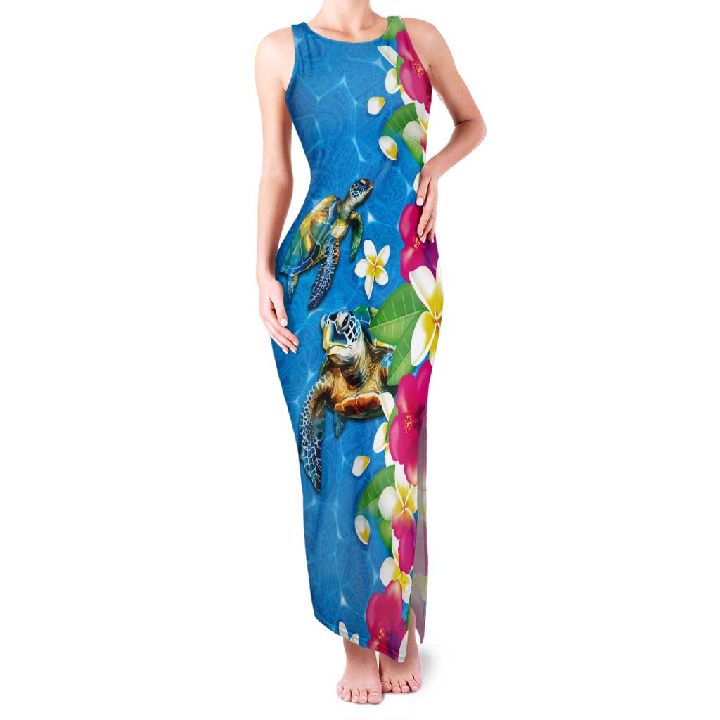 Hawaiian Tropical Flower and Honu Under Blue Water Tank Maxi Dress LT03 Women Blue - Polynesian Pride
