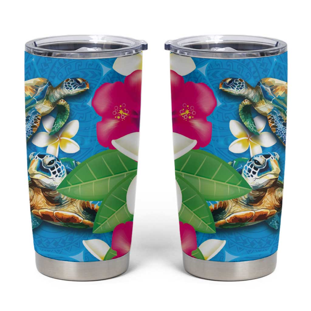 Hawaiian Tropical Flower and Honu Under Blue Water Tumbler Cup LT03 Blue - Polynesian Pride