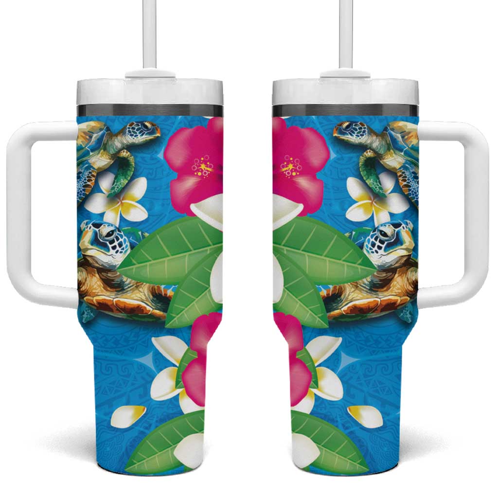 Hawaiian Tropical Flower and Honu Under Blue Water Tumbler With Handle LT03 One Size: 40 oz Blue - Polynesian Pride