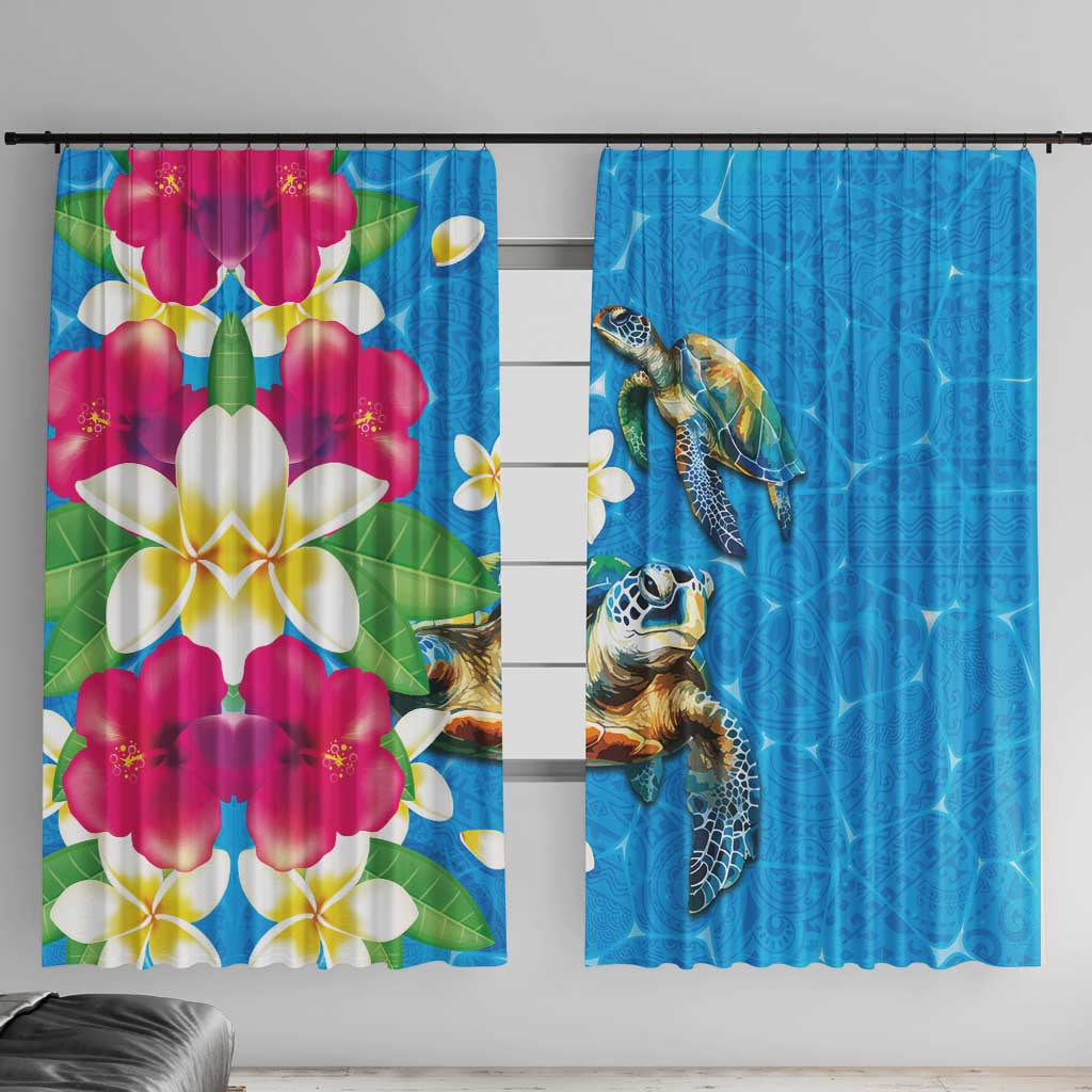 Hawaiian Tropical Flower and Honu Under Blue Water Window Curtain LT03 With Hooks Blue - Polynesian Pride