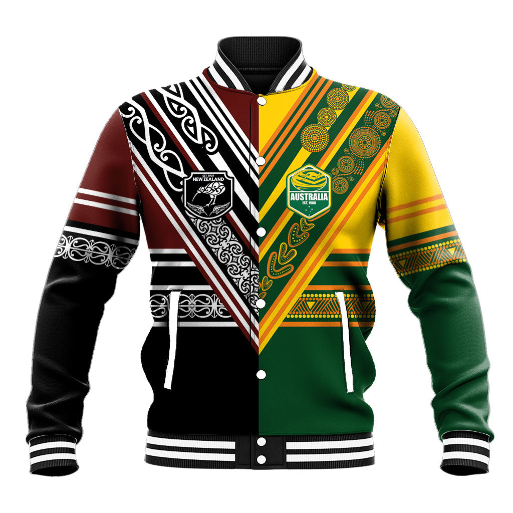 Custom Rugby New Zealand and Australia Baseball Jacket Burgundy Koru Geometric with Aboriginal Chevron Sport Style