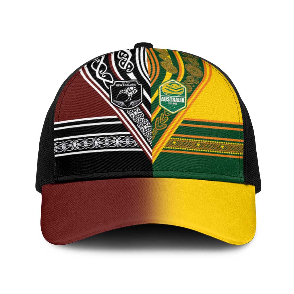 New Zealand and Australia Rugby Baseball Net Cap Burgundy Koru Geometric with Aboriginal Chevron Sport Style LT03 One Size Black Multicolor - Polynesian Pride