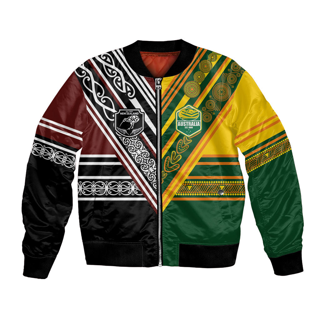 Custom Rugby New Zealand and Australia Bomber Jacket Burgundy Koru Geometric with Aboriginal Chevron Sport Style