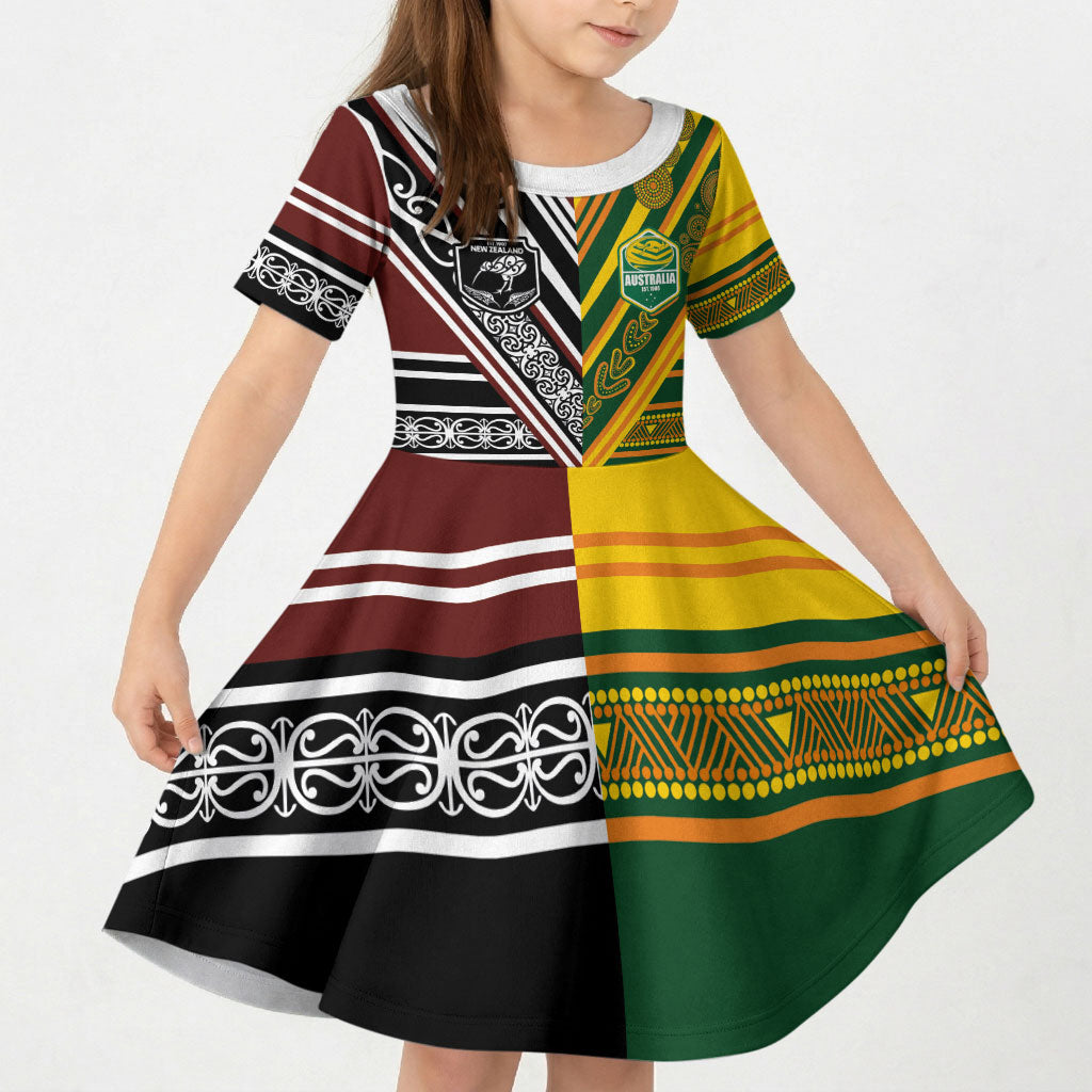 Custom Rugby New Zealand and Australia Kid Short Sleeve Dress Burgundy Koru Geometric with Aboriginal Chevron Sport Style LT03 KID Multicolor - Polynesian Pride