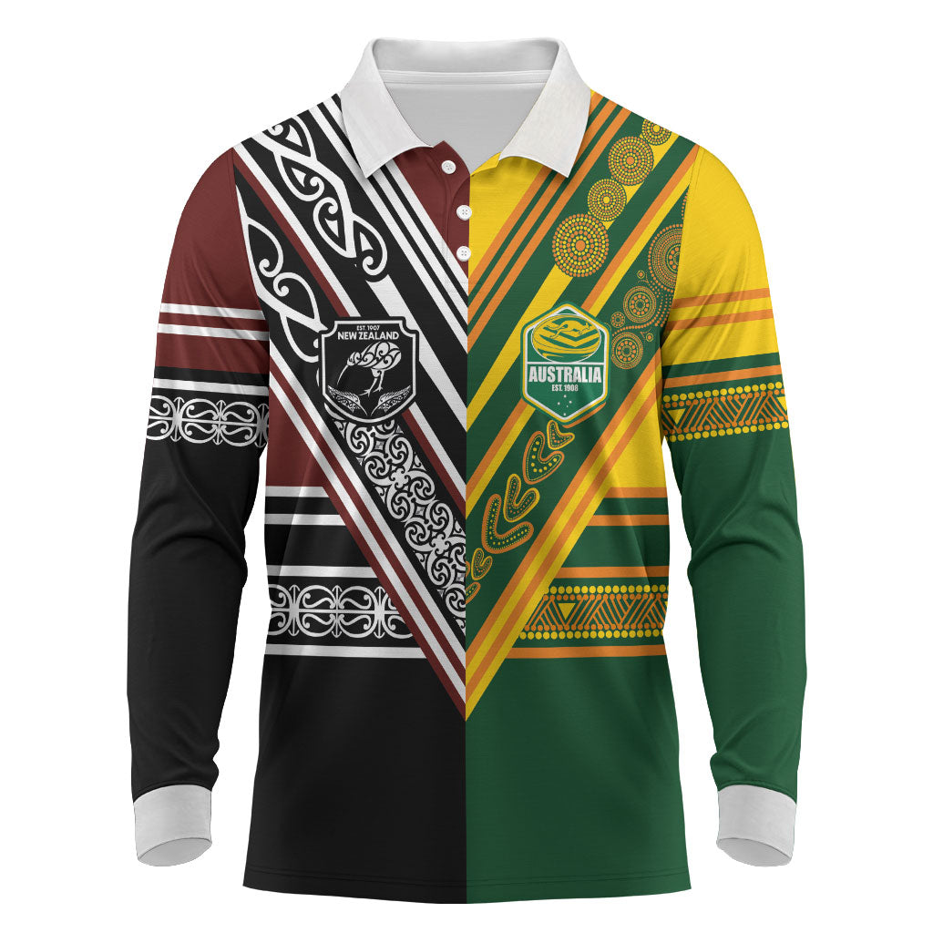 Custom Rugby New Zealand and Australia Long Sleeve Polo Shirt Burgundy Koru Geometric with Aboriginal Chevron Sport Style LT03 Multicolor - Polynesian Pride